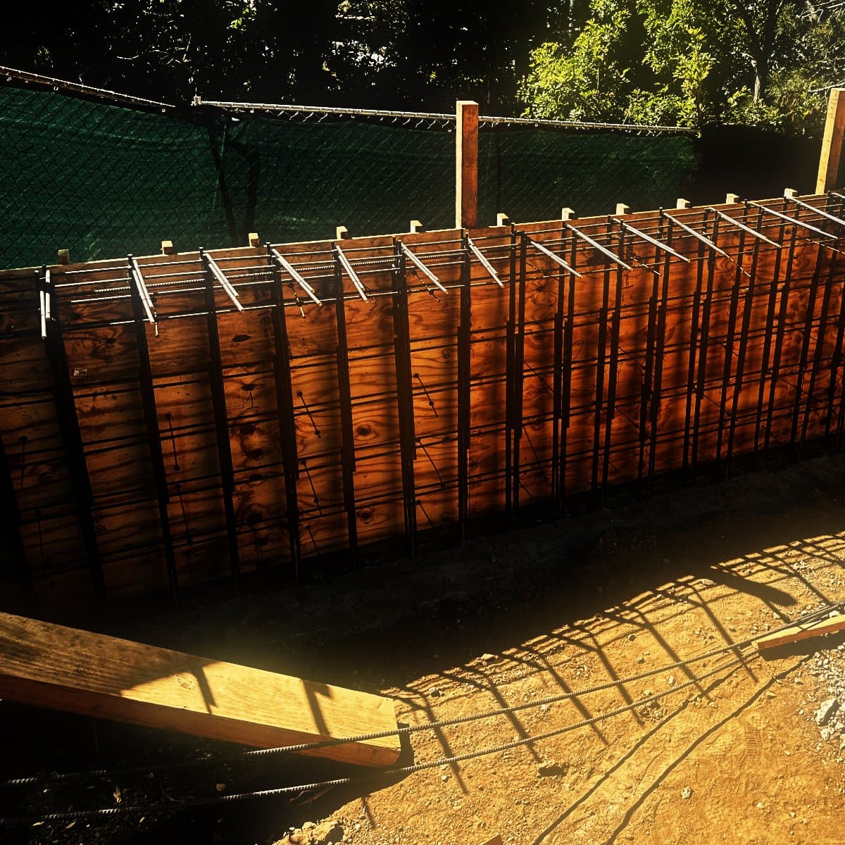 A below-grade wall formed in plywood along its full length, reinforcing steel and form ties set through the face, standing on its poured footing