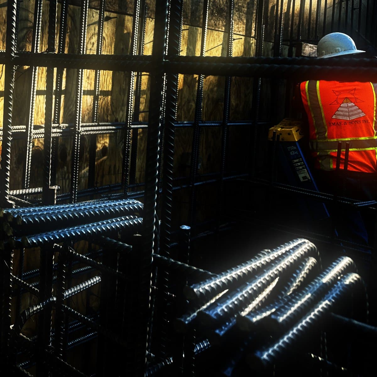 A reinforcing cage tied against the plywood face of a below-grade wall form, bundled bars stacked along the base and a worker setting steel at the far end