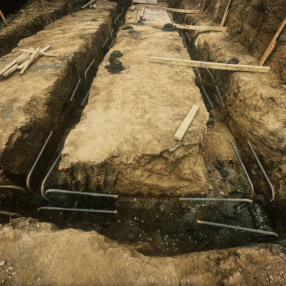 Grade beam trenches cut into the rock across the Brentwood platform with reinforcing steel and dowels set in the bottom of each run and timber laid across them