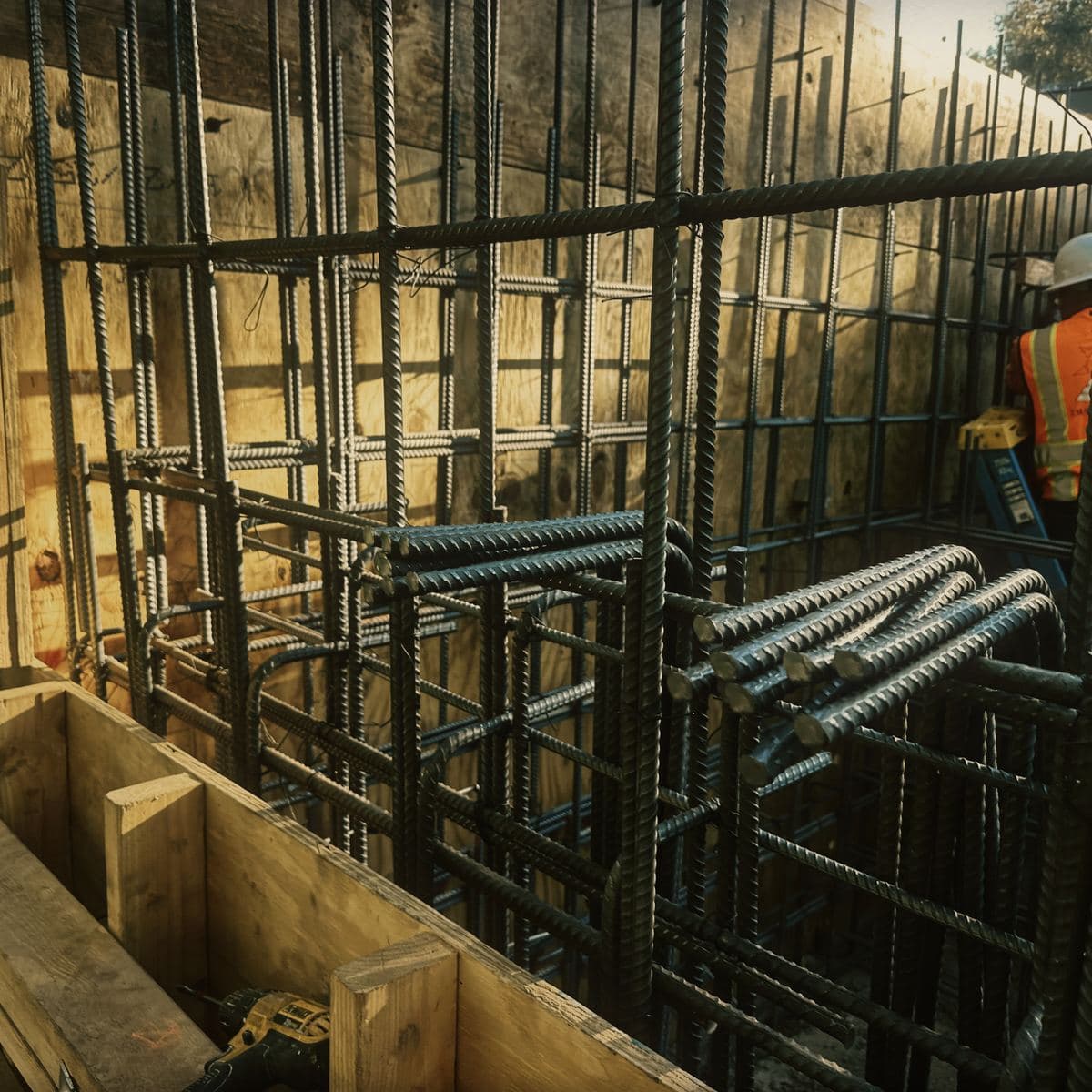 Service sleeves run through the reinforcing cage at a corner of the Brentwood basement wall before the forms were closed, with dowels lapped through the junction