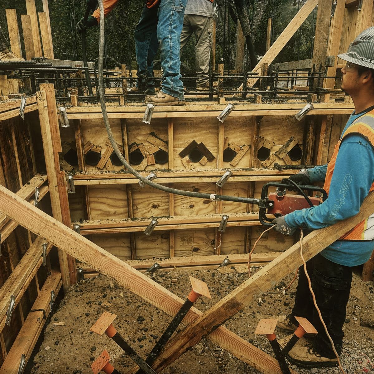 A crew member working a concrete vibrator down the face of the closed basement wall forms on the Brentwood site, form ties and cones visible along the panel