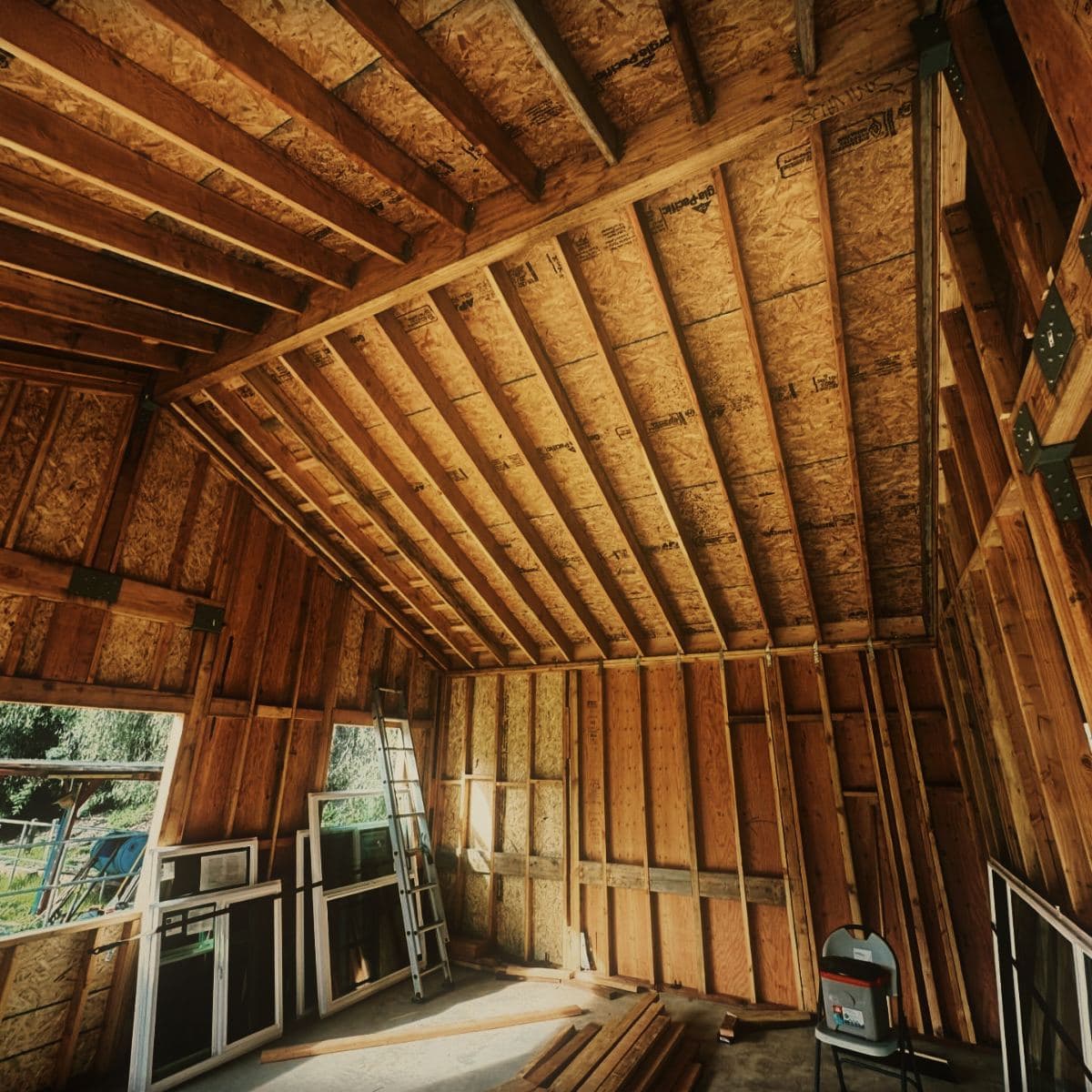 The open timber roof structure of a vaulted living room seen from inside, rafters running to a ridge beam above bare stud walls