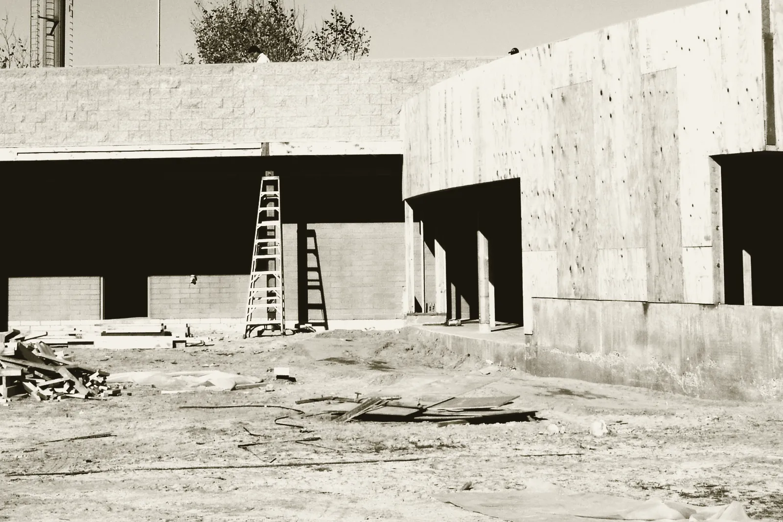 Barnes Park under construction in 2004: plywood shear walls and timber framing on a part-built single-story structure
