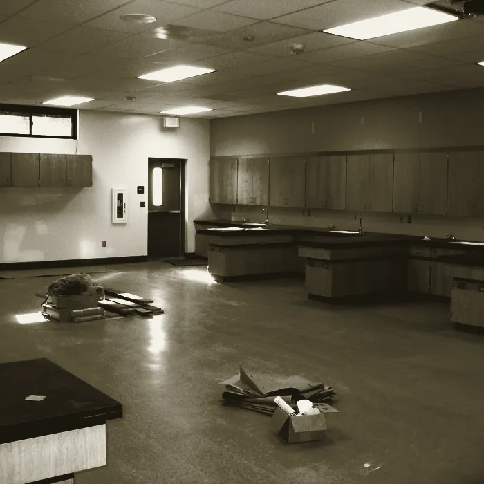 A completed science classroom with fixed benching