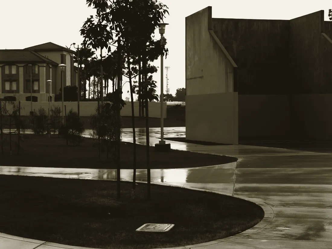 The rebuilt handball wall and surrounding hardscape
